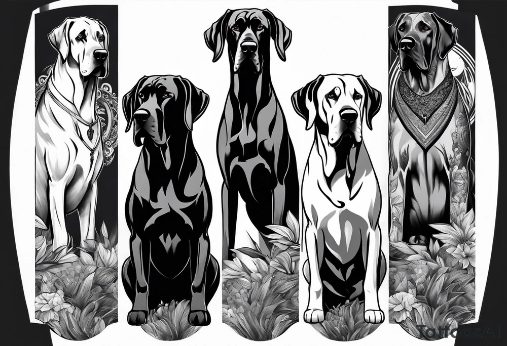 Full arm sleeve. Four Great Danes together exploring waterfall tattoo idea