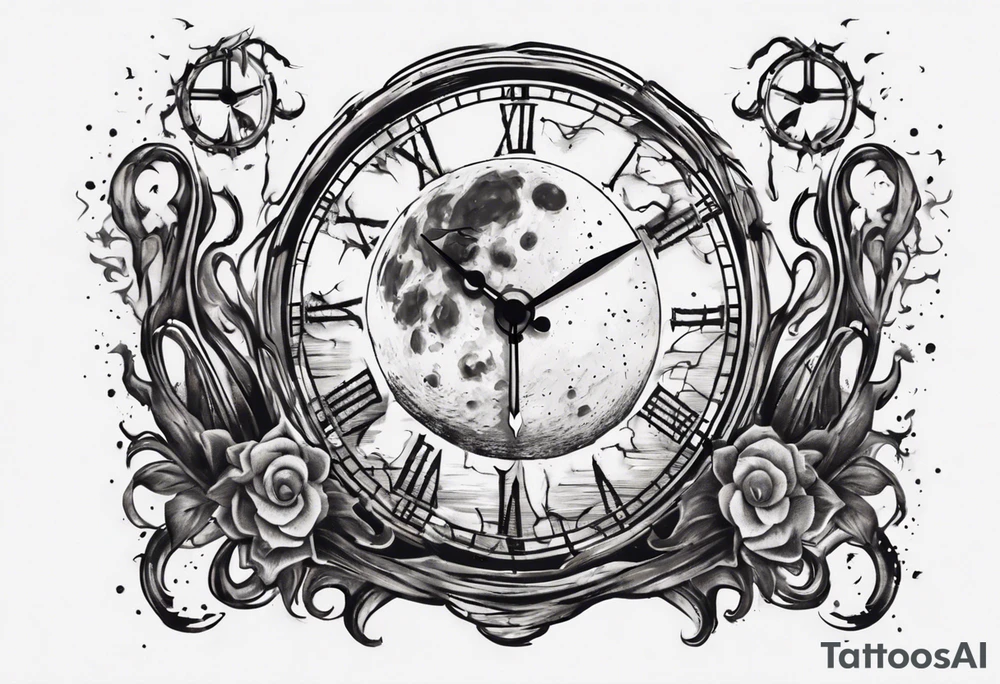A moon with a face of a old stile clock outdoors tattoo idea