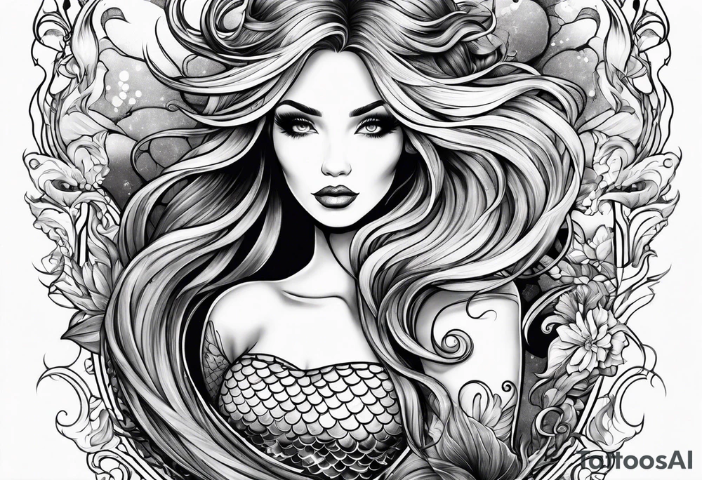 mystical sultery
 mermaid with long 
flowing tail and hair, tattoo sleeve tattoo idea