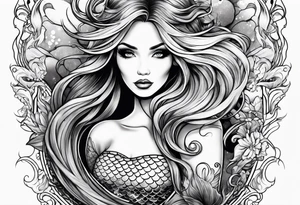 mystical sultery
 mermaid with long 
flowing tail and hair, tattoo sleeve tattoo idea