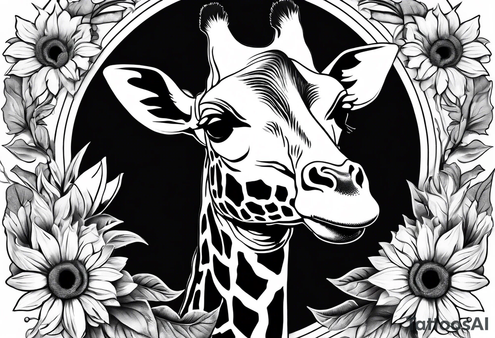 giraffe front view with sunflower and leafs tattoo idea