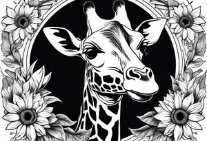 giraffe front view with sunflower and leafs tattoo idea