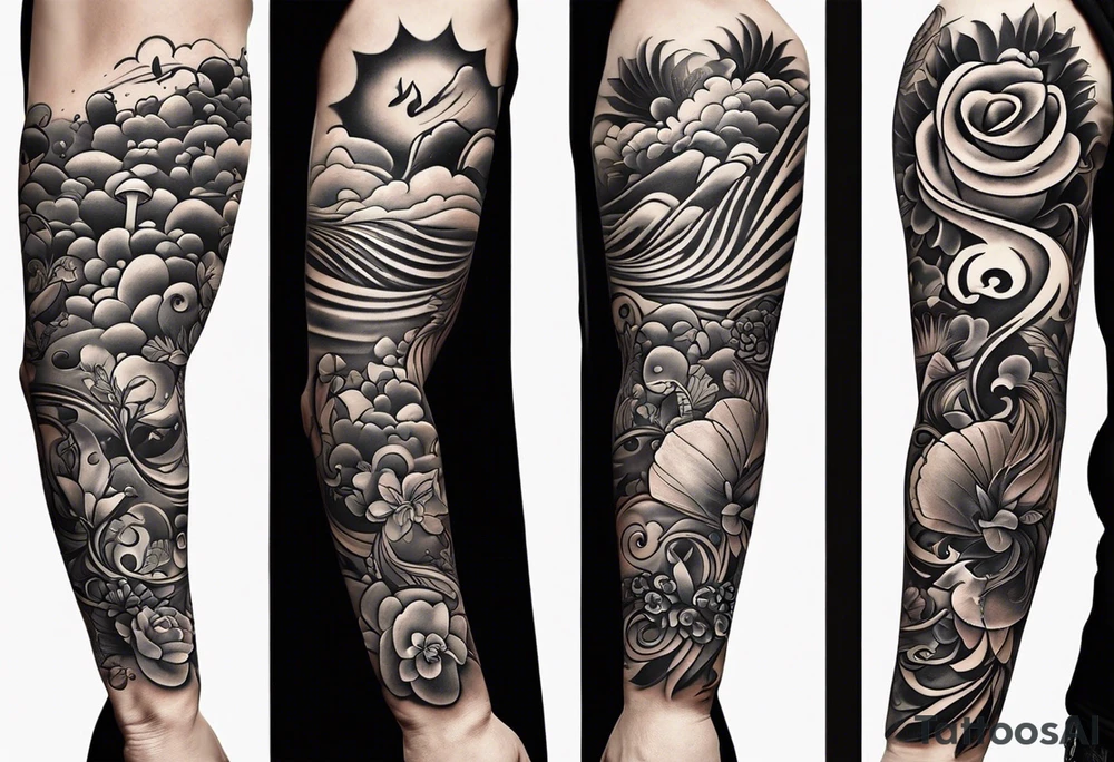 simple icons down the back of the arm featuring four icons:

1. a music note on a staff
2. a wave of water
3. a pocket
4. mushroom tattoo idea