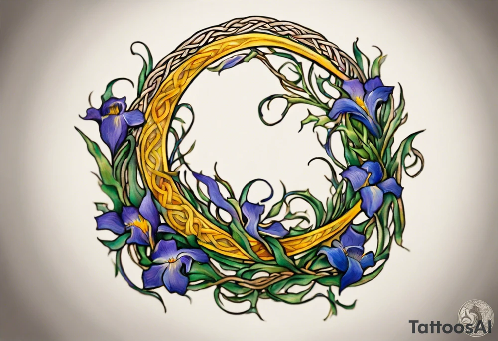 Create a small, colorful Vincent van Gogh Irises tattoo in the form of a crescent, with vines in Celtic knot style gracefully intertwining at a central point in the middle of the wreath. The intended placement is on the upper chest. The middle needs mountains. The overall design should be small in size while maintaining a delicate and artistic aesthetic. Pay attention to the graceful flow of the vines and the placement of the irises to achieve a refined and elegant look. tattoo idea