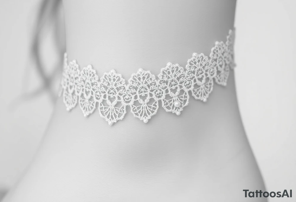 A white lace choker tattoo, with soft shading to create a realistic fabric texture and tiny pearl accents tattoo idea