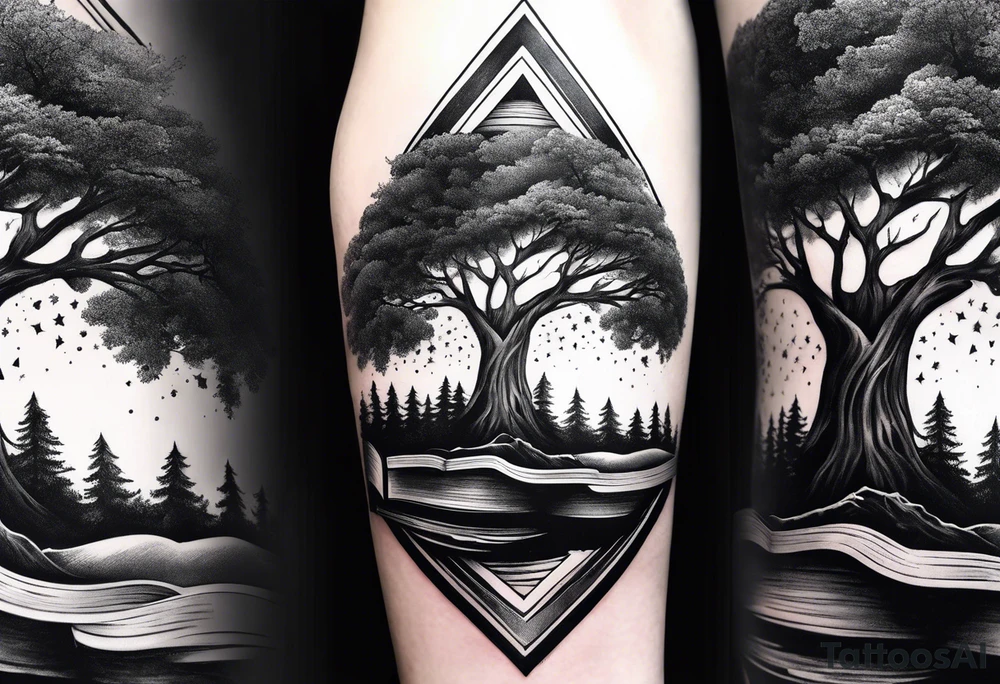 tree growing from book triangle portals floating above it tattoo idea tree growing from book triangle portals floating above it tattoo idea