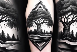 tree growing from book  triangle portals floating above it tattoo idea