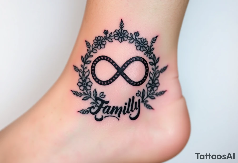 An infinity symbol surrounded by a wreath of wildflowers, with the word "family" flowing beneath tattoo idea