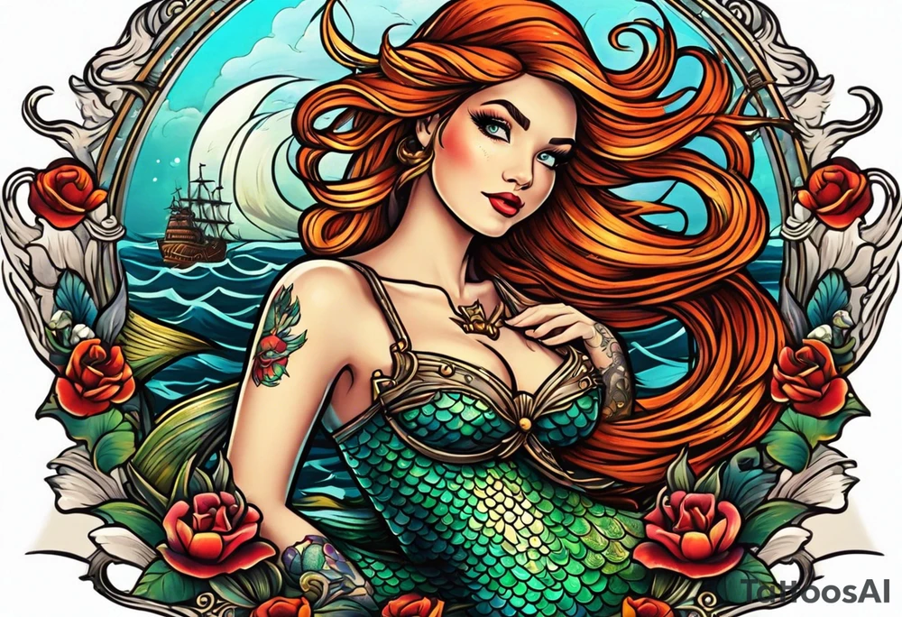 mermaid with galleon ship tattoo idea