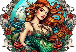 mermaid with galleon ship tattoo idea