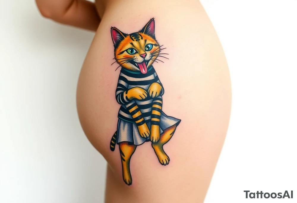 Design a tattoo of a high-quality full color illustration in a surrealism style. The main element should be a cat wearing a straightjacket sitting upright on its butt  wearing  a  skirt that is knee length and displaying a wild, crazy expression on its face.  , bulging eyes and tongue hanging ouy one side og its mouth ,very detailed, very colorful and  vivid , highest quality tattoo . it  is placed on the buttock  of a young woman with a perfectly shaped firm butt, tattoo idea