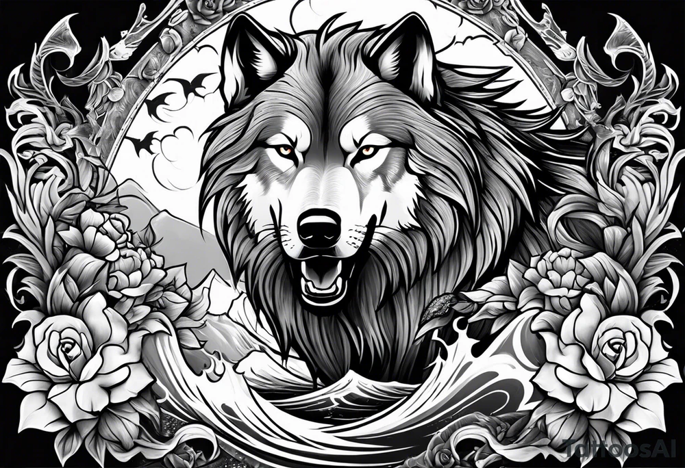 Raging storm with vicious wolf. Design for a chest piece.  Include roses and lilys tattoo idea