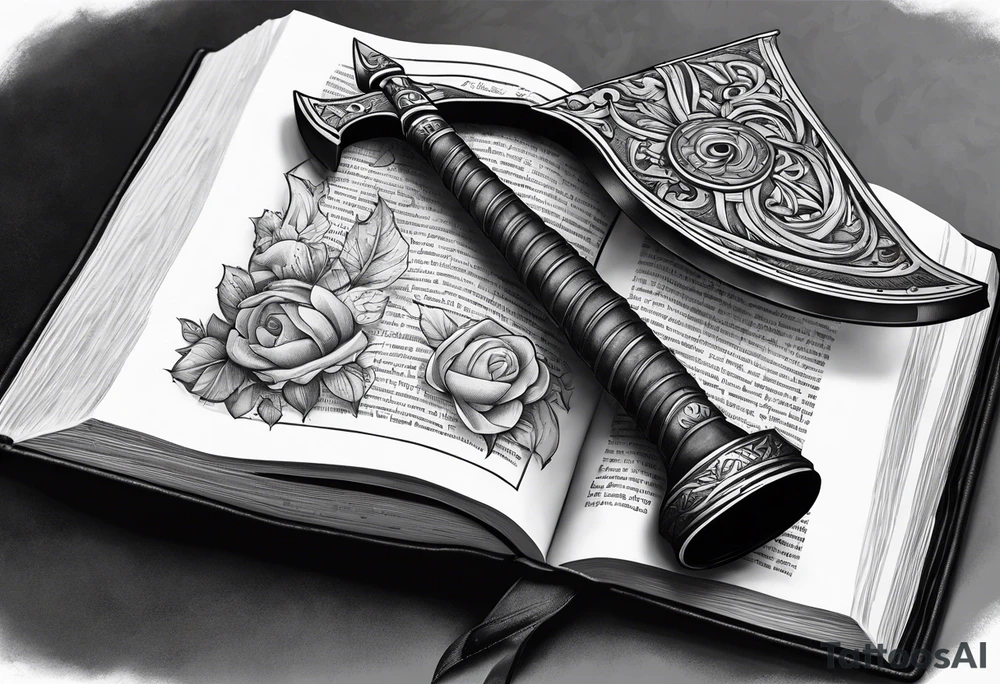 An opened bible with a battle Axe tattoo idea