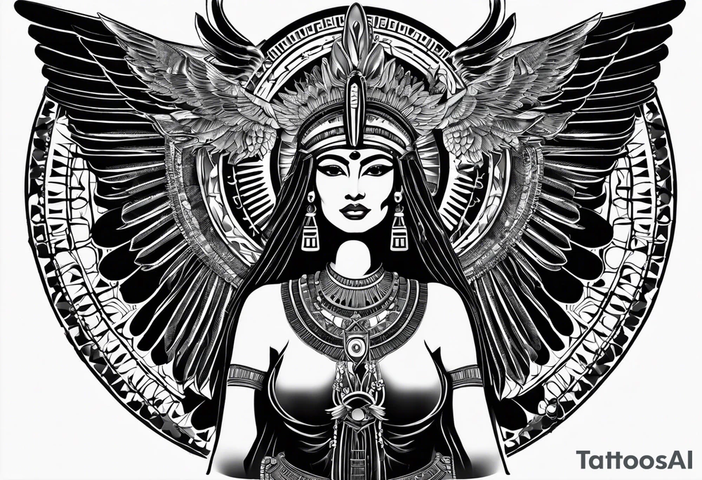 black and white Egyptian goddess Isis, who is often depicted as a woman with outstretched wings, holding an ankh (a symbol of life) in one hand and a lotus flower in the other. Her headdress often includes a throne or a solar disk. The tattoo design can vary in style and size, but it typically aims to capture the essence of this revered Egyptian deity, emphasizing her beauty, power, and maternal qualities. The choice of colors and additional elements can also be customized to create a unique and visually striking representation of the goddess Isis tattoo idea