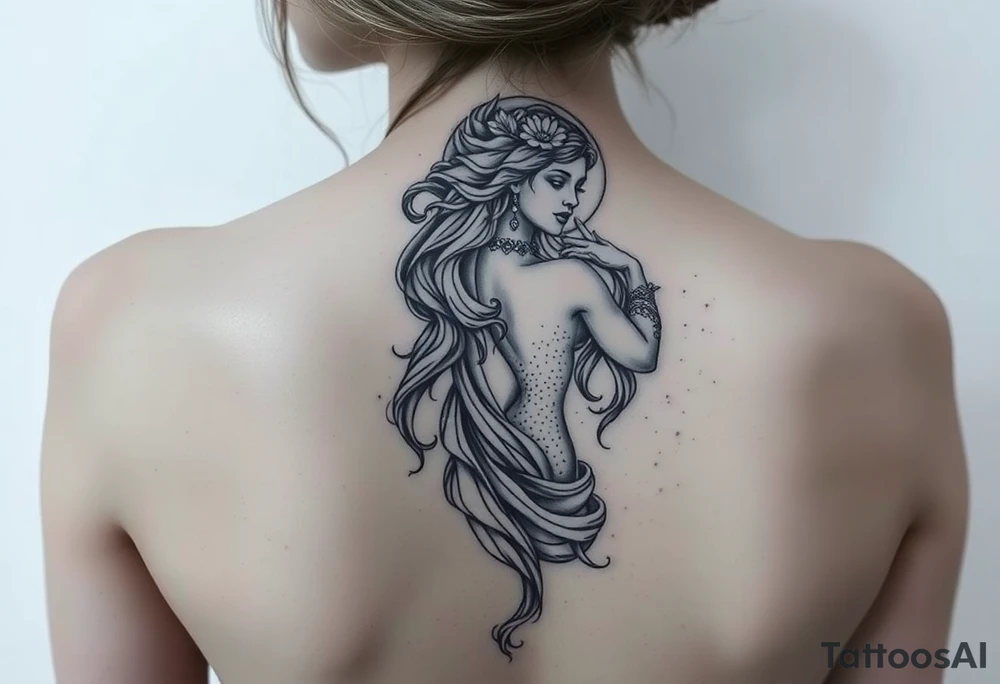 A hyper-realistic depiction of a divine figure like Aphrodite or a moon goddess. tattoo idea