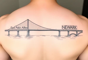 A bridge over water with two cities on the side. The city signs on the side of the bridge. East Palo Alto on the left and Newark on the right tattoo idea