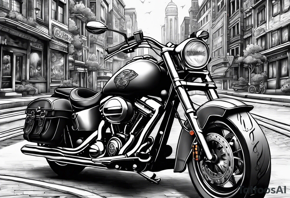 cards fanned over a city with a motorcycle on the road tattoo idea