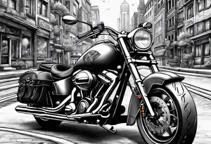 cards fanned over a city with a motorcycle on the road tattoo idea