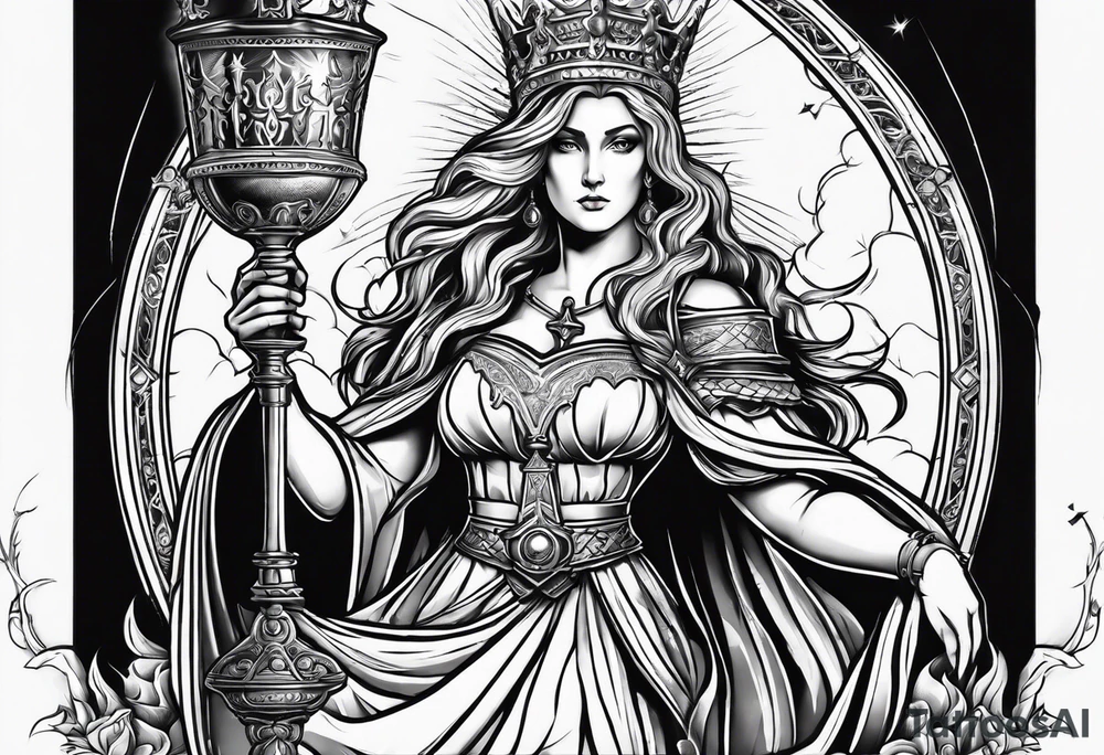Saint Barbara holding a chalice with cannons and lightning tattoo idea