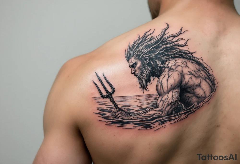 young poseidon, with trident, in water, looking at the horizon tattoo idea