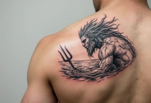 young poseidon, with trident, in water, looking at the horizon tattoo idea