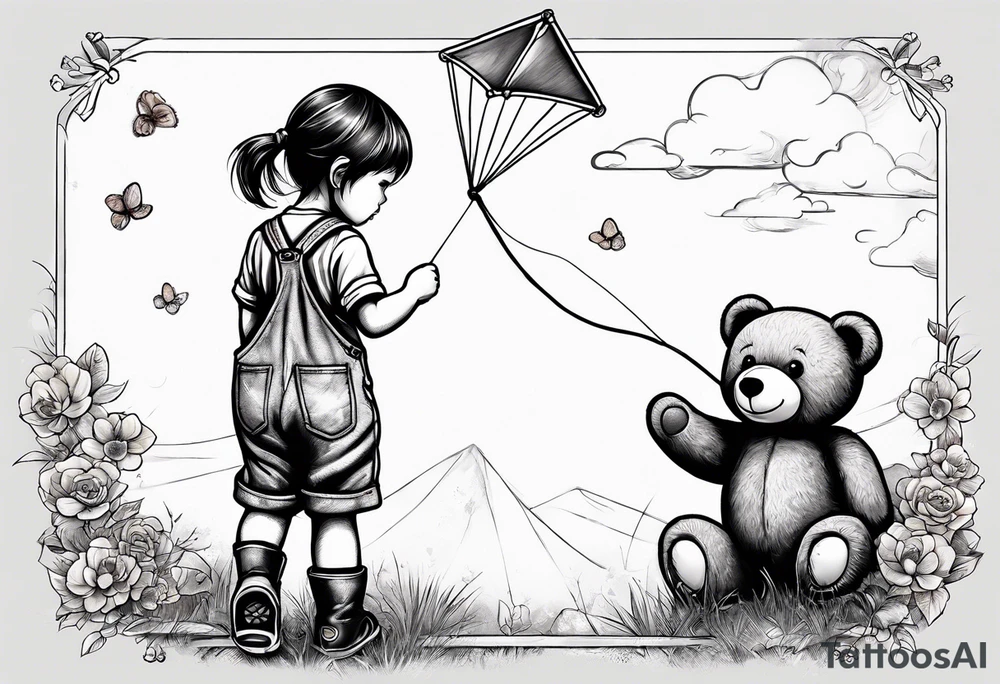 back image of a little girl flying a kite and a teddy bear in overalls, standing beside her tattoo idea