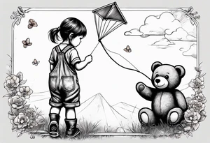back image of a little girl flying a kite and a teddy bear in overalls, standing beside her tattoo idea