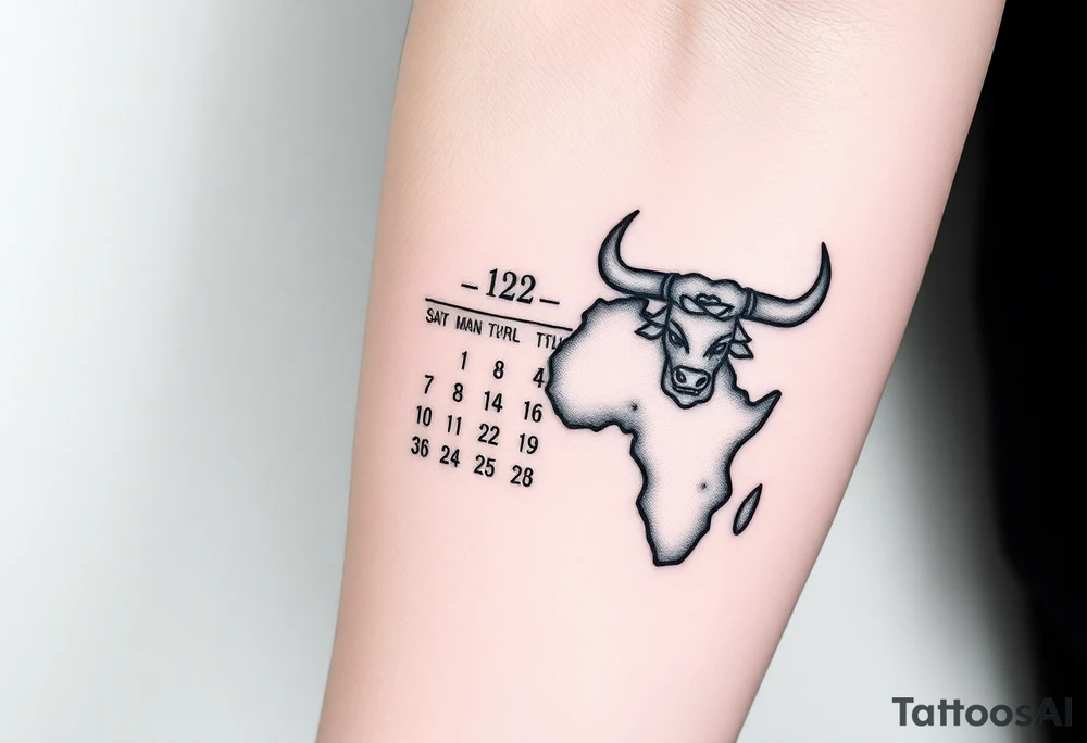 Calendar with the date 12th of April with a cross, rose, Spanish bull and the outline of Africa tattoo idea