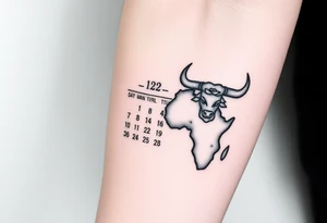 Calendar with the date 12th of April with a cross, rose, Spanish bull and the outline of Africa tattoo idea