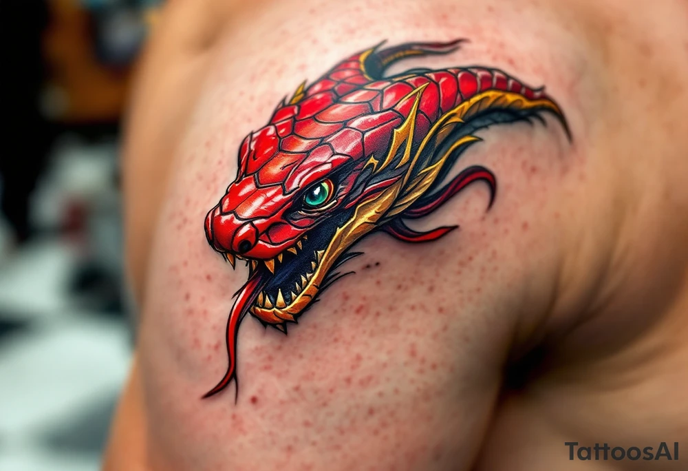 A scarlet red cobra, poised to strike, with golden hood markings and obsidian eyes. tattoo idea
