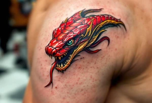 A scarlet red cobra, poised to strike, with golden hood markings and obsidian eyes. tattoo idea