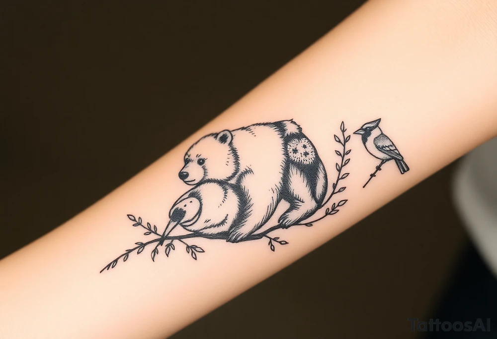 Realistic Woodland with a bear, woodpecker and cardinal tattoo idea