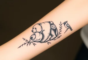 Realistic Woodland with a bear, woodpecker and cardinal tattoo idea