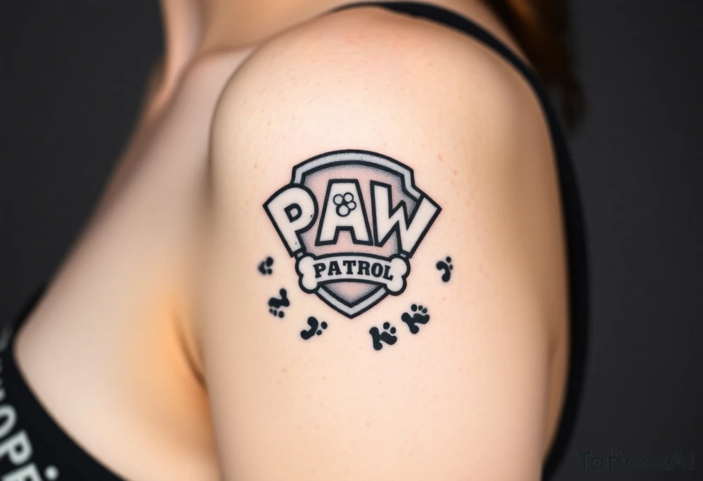 Paw Patrol Badge with footprints chasing letters KMC around the outside staggered tattoo idea