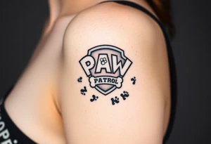 Paw Patrol Badge with footprints chasing letters KMC around the outside staggered tattoo idea