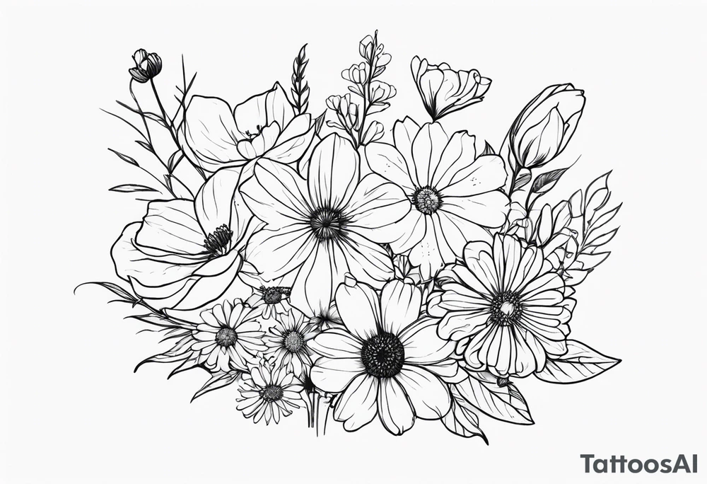 fine line flower bouquet made from the birth month flowers of march may june july tattoo idea