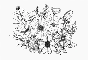 fine line flower bouquet made from the birth month flowers of march may june july tattoo idea