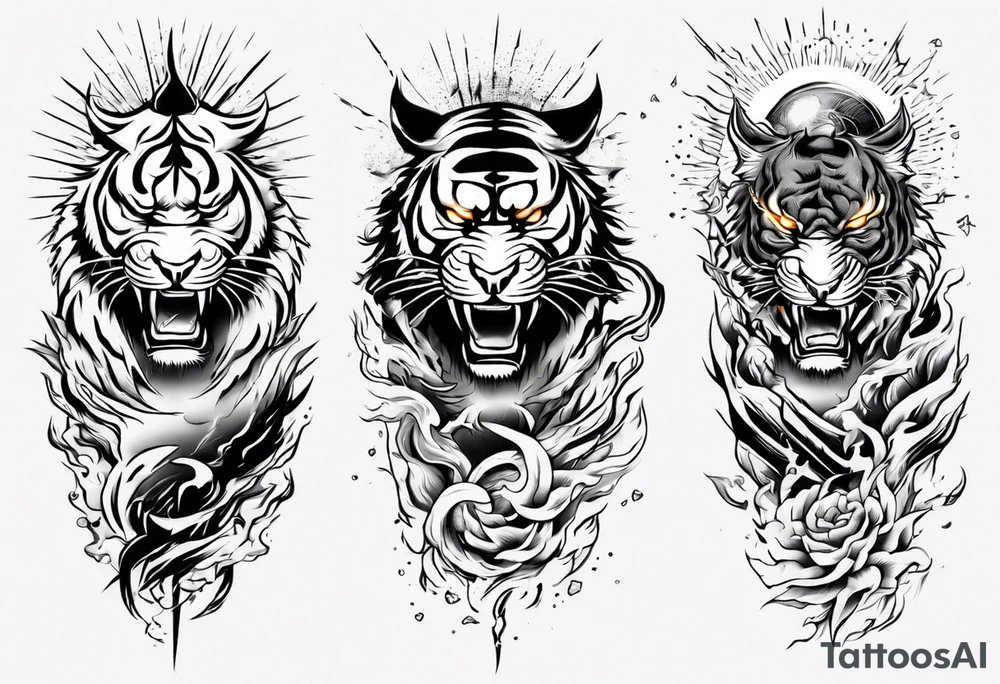 tiger warrior with lightning and the sun for a forearm sleeve tattoo idea
