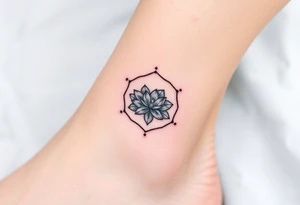 Faint Hexagon with astrological sign for Leo, larkspur and water lilies in the center tattoo idea