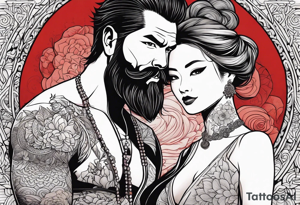 Busty Red haired woman with black haired bearded man tattoo idea