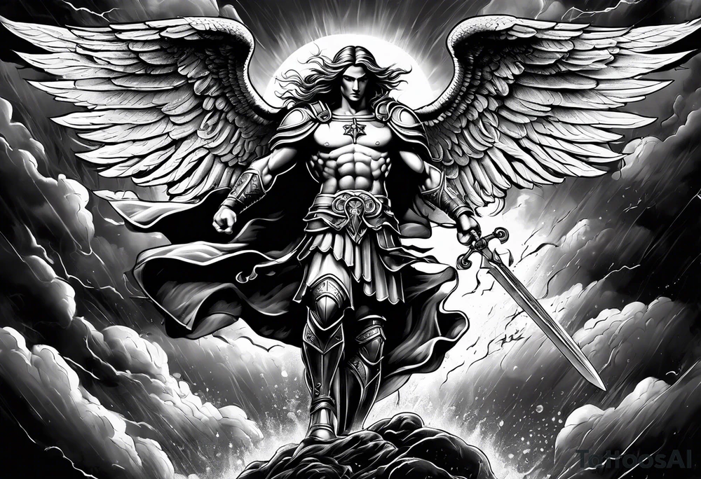 Saint Michael standing on the devil with stormy rain clouds lightning full sleeve tattoo idea Saint Michael standing on the devil with stormy rain clouds lightning full sleeve tattoo idea