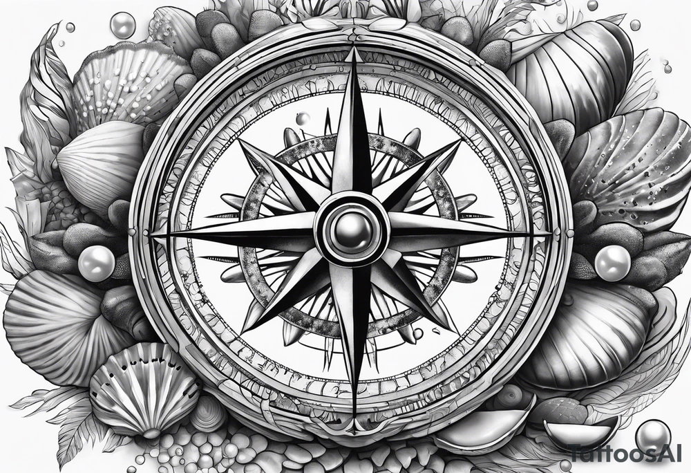 Compass,Open clam with pearl inside, shells, starfish tattoo idea