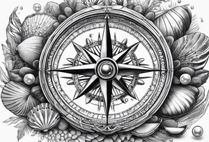 Compass,Open clam with pearl inside, shells, starfish tattoo idea