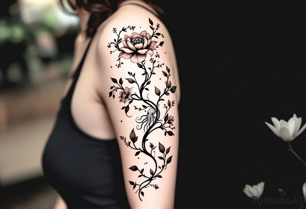 A unique, seamless tattoo composition combining marine and botanical elements. A small, realistic octopus with detailed linework and smooth black-and-grey shading is integrated into an elegant floral vine. The octopus’ tentacles flow naturally and intertwine with thin black swirling lines and soft, semi-transparent brown leaves that wrap around the upper arm and shoulder. On the shoulder, a delicate mandala-style flower blooms, with dotwork and ornamental flourishes that radiate outward.
The overall style is fine-line, minimalistic, and organic — blending the lifelike texture of the octopus with the graceful rhythm of the botanical flow. Feminine, artistic, and slightly surreal, as if the octopus is part of the natural growth of the vines. Design is intended for placement on the upper arm and shoulder, curving naturally with the body. tattoo idea