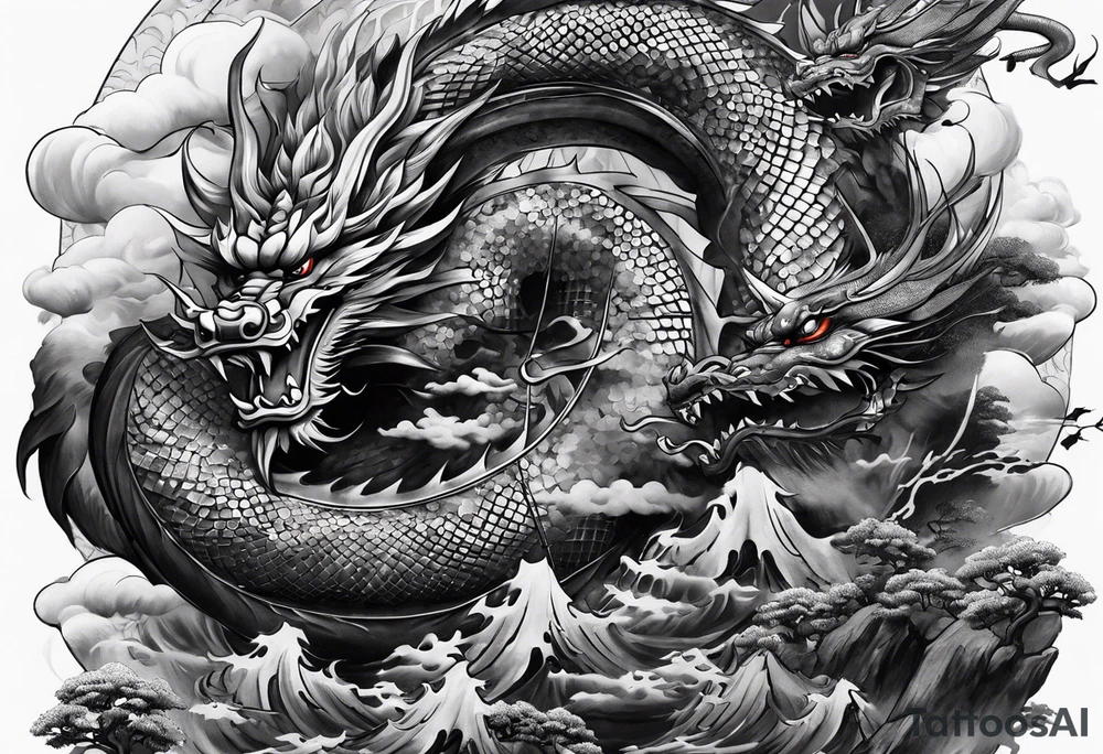 Tatto the Dragón and samurai in zen circule, tori gate tattoo idea