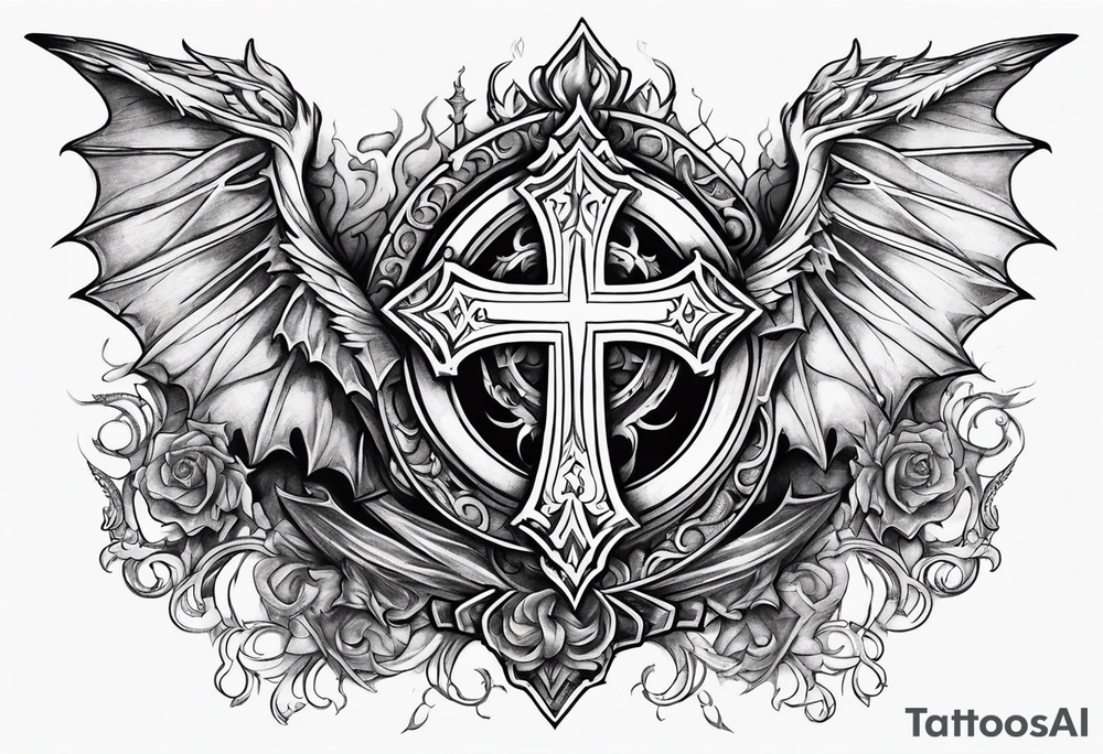 Cross with a crown around it with dragon wings and fire tattoo idea Cross with a crown around it with dragon wings and fire tattoo idea