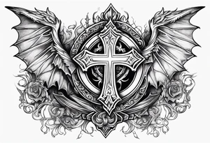 Cross with a crown around it with dragon wings and fire tattoo idea