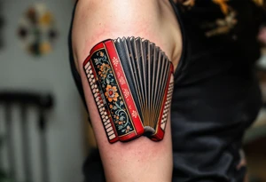 Accordion with Folk Motifs – A red and black accordion decorated with ornate folk-style floral patterns in greens and yellows, representing joy, tradition, and dancing spirit. tattoo idea