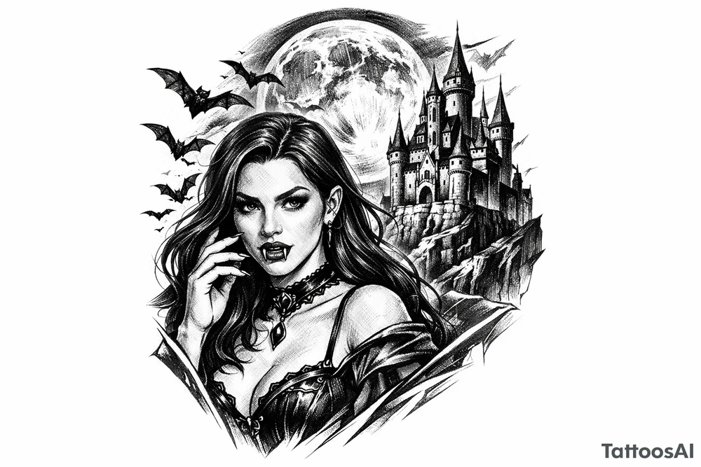 female vampire,bats,full moon,a castle. tattoo idea