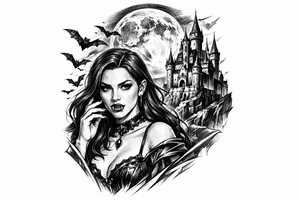 female vampire,bats,full moon,a castle. tattoo idea